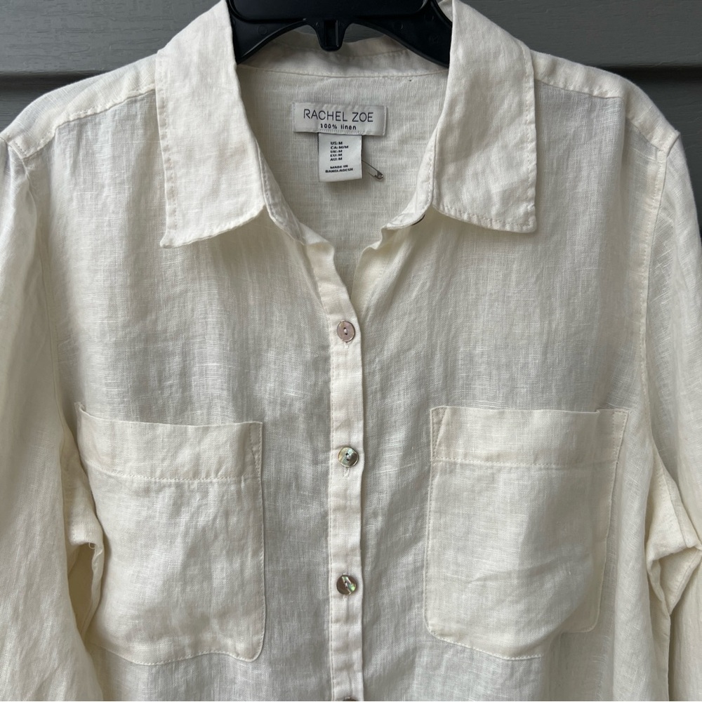 Rachel Zoe Linen Button Down Shirt Women’s Medium Off-White Long Sleeve Coastal - Picture 2 of 9